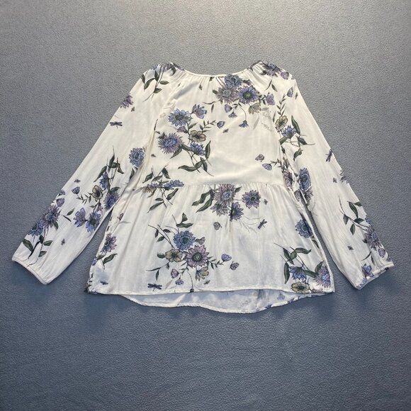 Old Navy White Floral Swing Top Boho Sheer Long Balloon Sleeve V Neck Sz Large - Picture 2 of 8